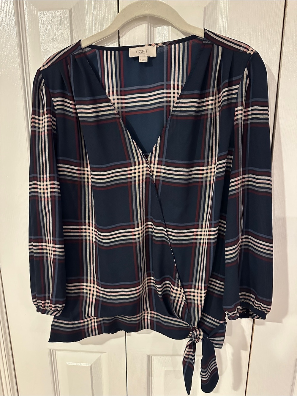 LOFT Navy Plaid Wrap Tie Blouse with Cream and Burgundy Stripes | M